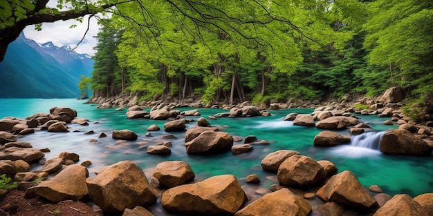 Un río con rocas en el agua y árboles al fondo.