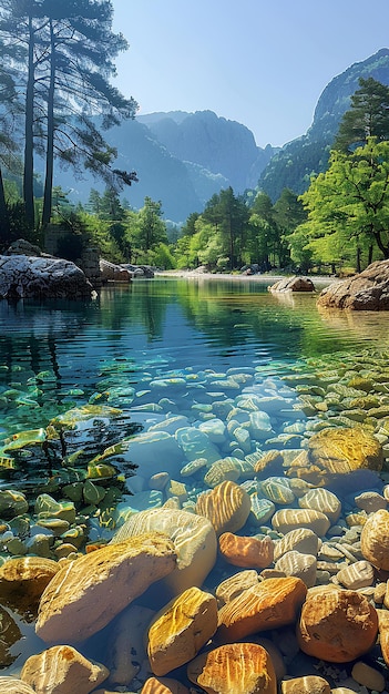 Un río con rocas y árboles en el agua y montañas en el fondo con un cielo azul y unos pocos