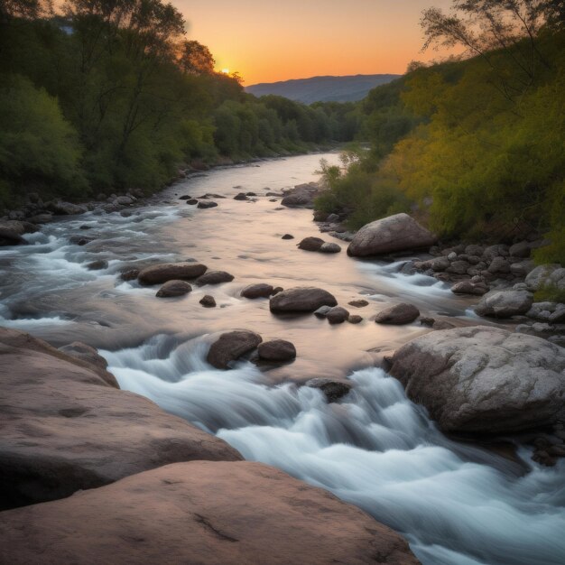 Un río con rocas y árboles al fondo.