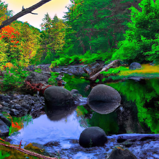 Un río con rocas y árboles al fondo.