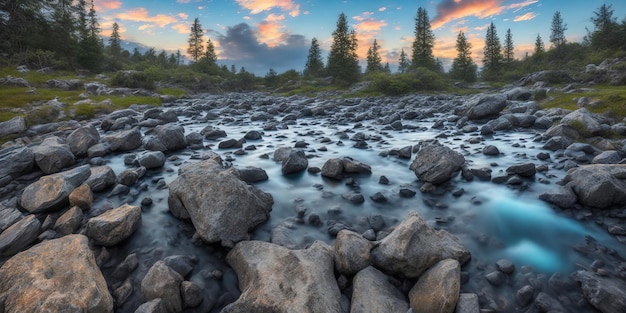 Un río con rocas y árboles al fondo.