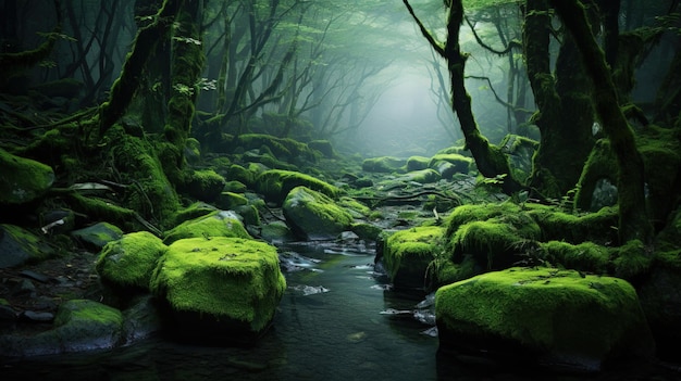 un río con rocas y árboles cubiertos de musgo en el fondo