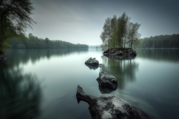 Un río con rocas y árboles en él.