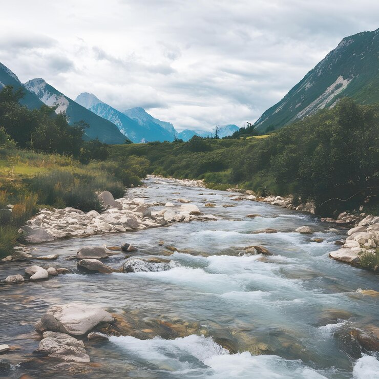 un río con rocas y árboles en el fondo y una montaña en el fondo