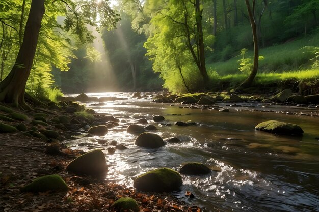 un río con rocas y árboles en el fondo