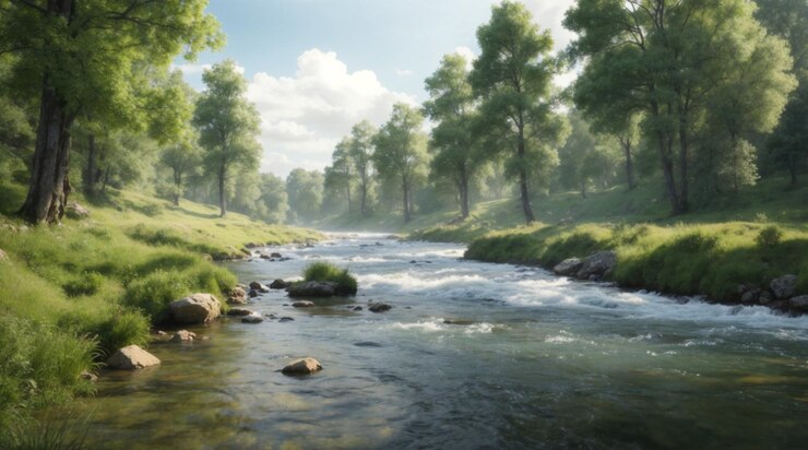 un río con rocas y árboles en el fondo