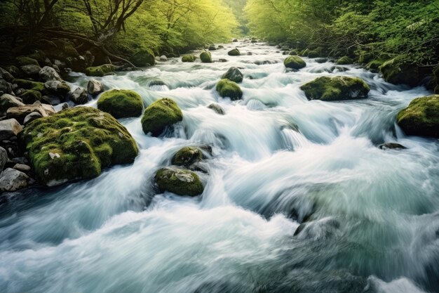 Un río con rocas y árboles.