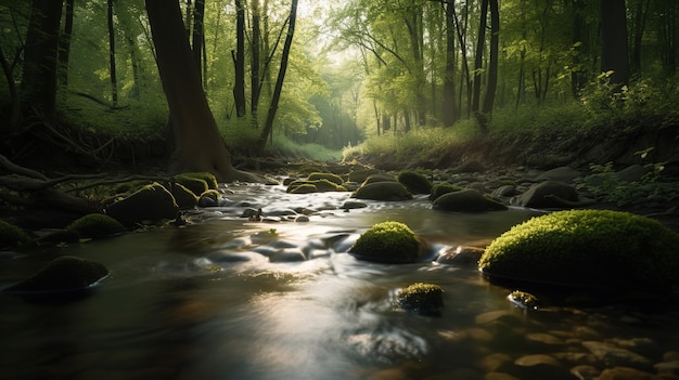 Un río con rocas cubiertas de musgo en el bosque