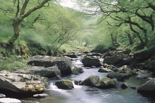 Un río con rocas en primer plano y árboles en el fondo.