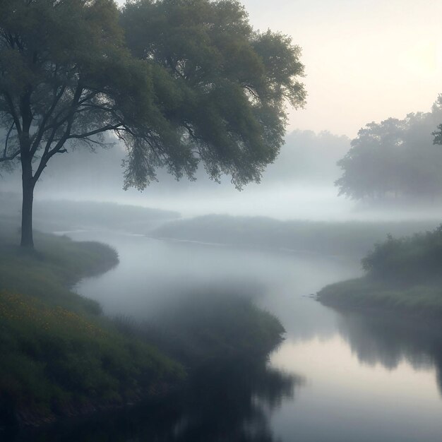 Un río rodeado de árboles en la niebla