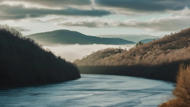 Río rodeado de colinas cubiertas de bosques y niebla bajo el cielo nublado y la luz del sol