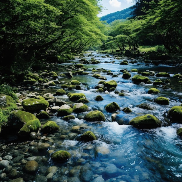 Río rodeado de rocas cubiertas de musgo y helechos arborescentes