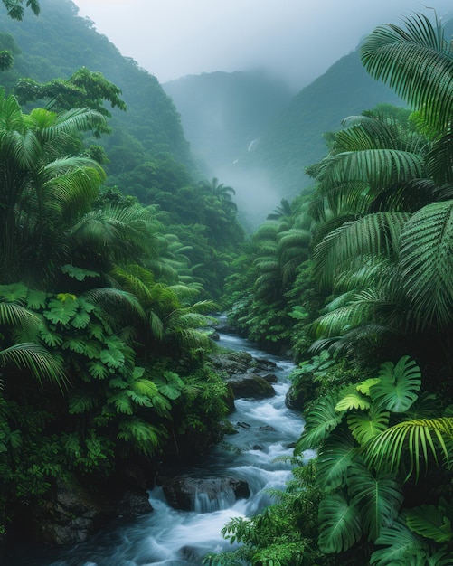 El río de la selva brumosa en la exuberante vegetación