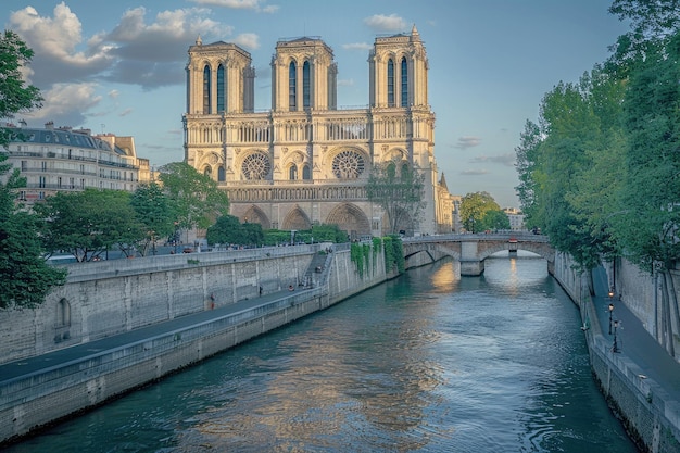 Foto el río sena fluye pacíficamente junto a la catedral de notre-dame en parís