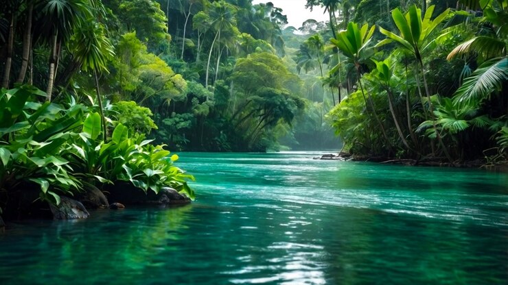 Un río sereno que fluye a través de una selva tropical