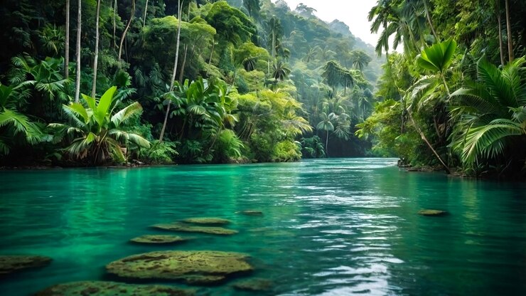Un río sereno que fluye a través de una selva tropical