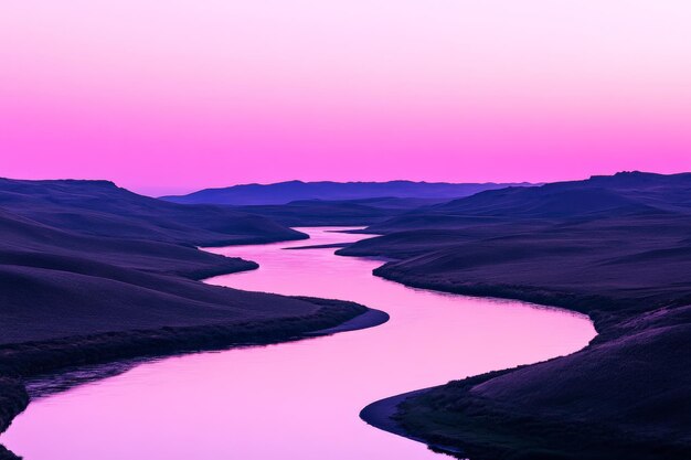 Un río sereno que serpentea a través de colinas con un cielo gradiente mezclado de rosa suave cerca de la