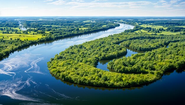 Un río serpentea a través de un bosque creando una forma de corazón