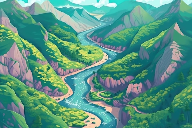 El río serpentea a través de las montañas mientras los árboles salpican el paisaje IA generativa