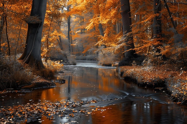 Foto el río serpenteante a través de un bosque de hojas pintadas