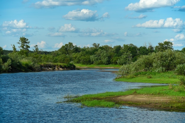 Foto rio sinuoso flui entre campos e árvores no verão