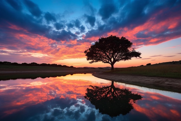 Un río sinuoso que refleja los colores del cielo del crepúsculo