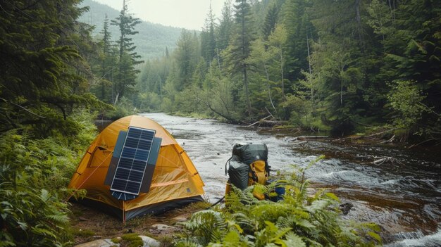 Un río sinuoso ting a través de un denso bosque con una pequeña tienda de campaña establecida al lado de ella dentro de la tienda de campaña un