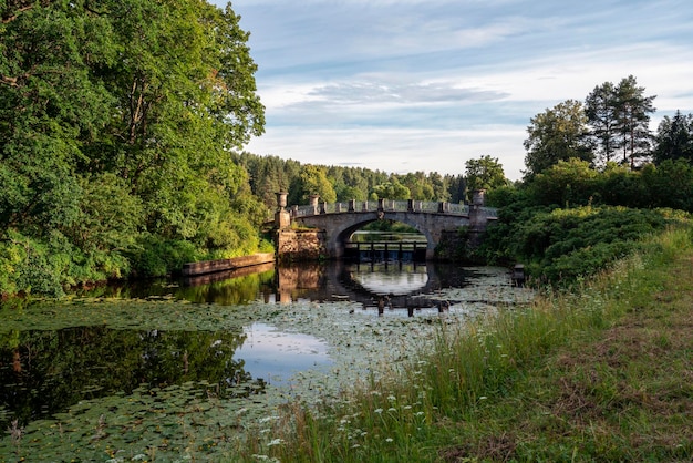 Rio Slavyanka e a Ponte Viscontiev no Palácio de Pavlovsk e Complexo do Parque em um dia de verão, Pavlovsk, São Petersburgo, Rússia