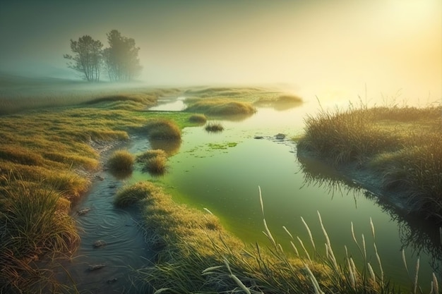 Río temprano en la mañana en niebla y neblina