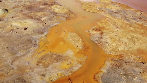 Río tóxico aéreo que fluye de la planta industrial contamina el bosque y el suelo Árboles muertos en suelo ácido contaminado con metales pesados de la mina de cobre