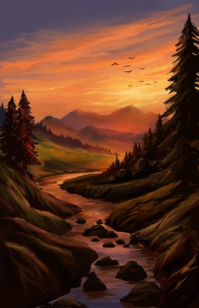 Foto el río en la tranquila puesta de sol ilustración del paisaje de la puesta de sol
