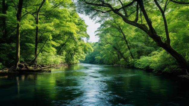 Un río tranquilo con un dosel de árboles verdes y exuberantes