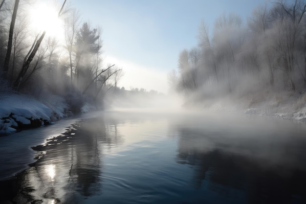 Río tranquilo con hielo cristalino suave y vapor saliendo del agua