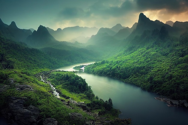 Rio tranquilo no vale verde contra grandes montanhas