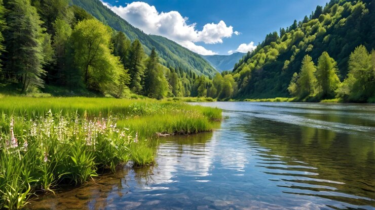 Un río tranquilo que fluye a través de un valle verde exuberante rodeado de densos bosques AI Generar