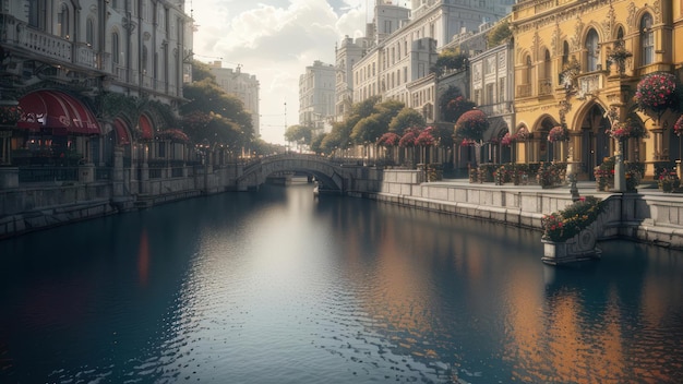 Un río en Venecia, Italia, con un puente y edificios al fondo.