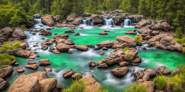 Un río verde con una cascada al fondo.