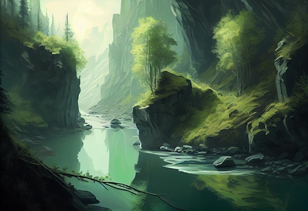 Un río verde de ensueño Ilustración dibujada a mano Generar Ai