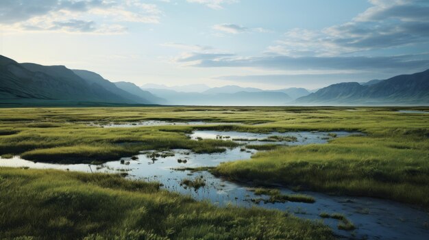 Foto rio verde nas paisagens estratificadas e atmosféricas da grama