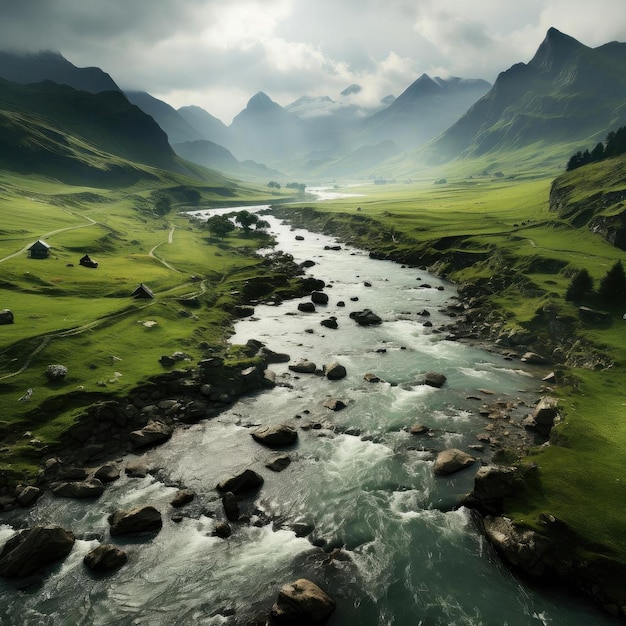 Rio verde que flui através de montanhas e campos