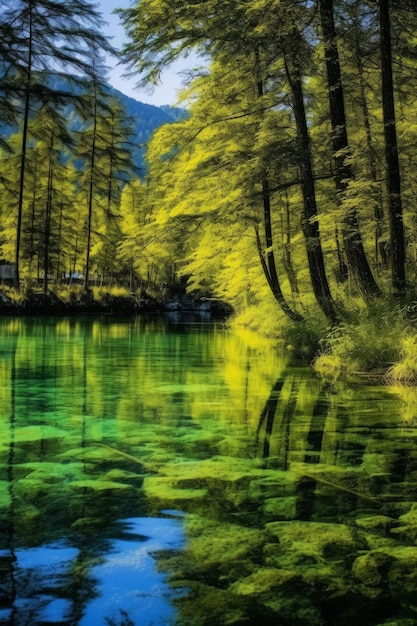 Foto un río verde con un río azul y el sol brillando sobre él.