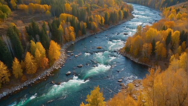 Río vibrante en medio del bosque de otoño