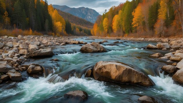 Río vibrante en medio del bosque de otoño