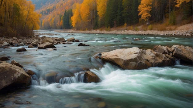 Río vibrante en medio del bosque de otoño