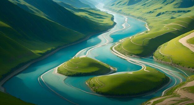 El río en zigzag fluye entre el verano generado ai