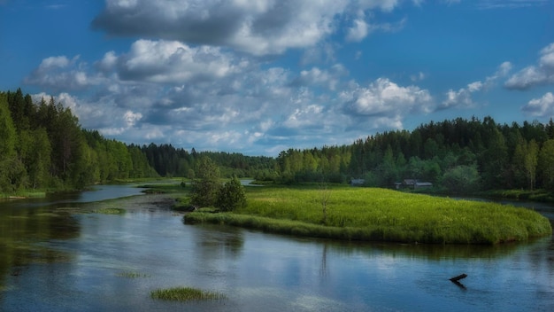 Ríos y bosques en la región de arkhangelsk en verano bajo un cielo azul con olak