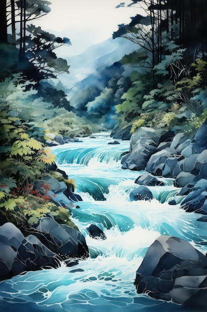 Rios fluindo em aquarela abstrata e cachoeiras em cascata