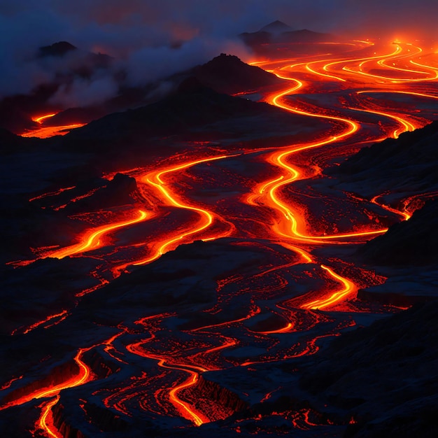 Foto ríos de lava que fluyen suavemente a través de un paisaje volcánico ardiente