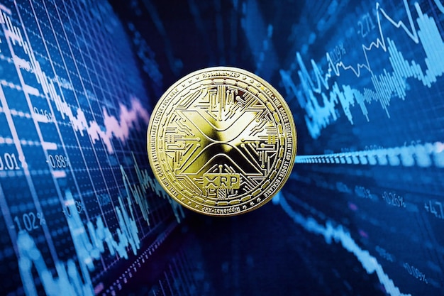Ripple Coin auf einem abstrakten fiktiven Kryptowährungshandelsdiagramm in blauer Farbe