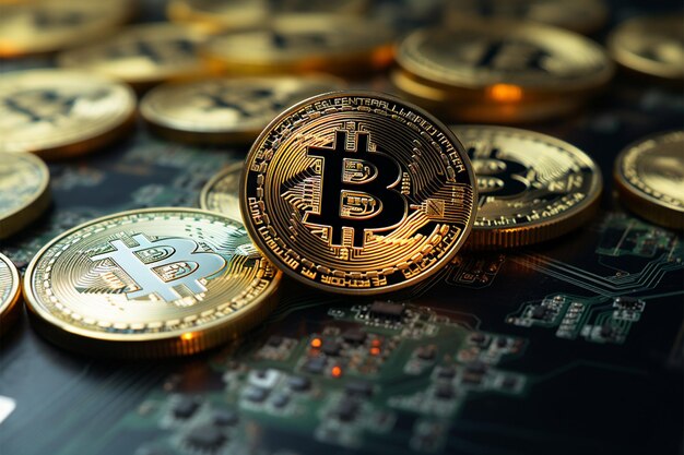 Foto riqueza digital bitcoins moedas de ouro conceito de criptomoeda com espaço personalizável